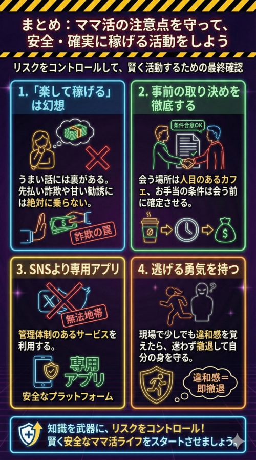 まとめ:ママ活の注意点を守って、安全・確実に稼げる活動をしよう